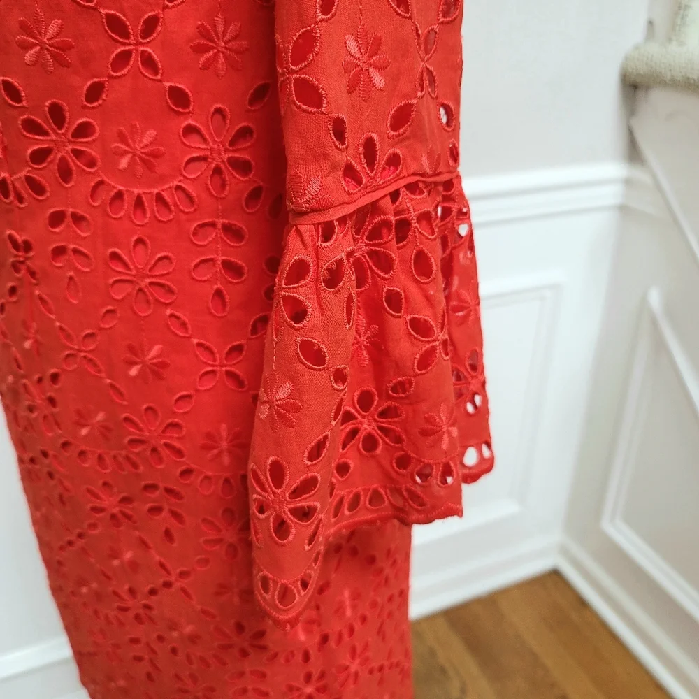 New! J. Crew sz 4 Eyelet Dress Bell-sleeves Orange-Red NWT